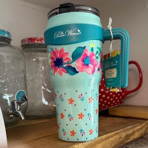 The Pioneer Woman Mint Floral Travel Mug with Teal Handle 40 oz nwt